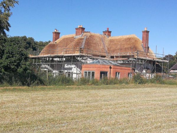 Full re-thatch on a traditional Wiltshire farmhouse using water reed